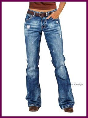 Mid Rise Ripped Bootcut Jeans Womens Cotton Blend Stretch Denim